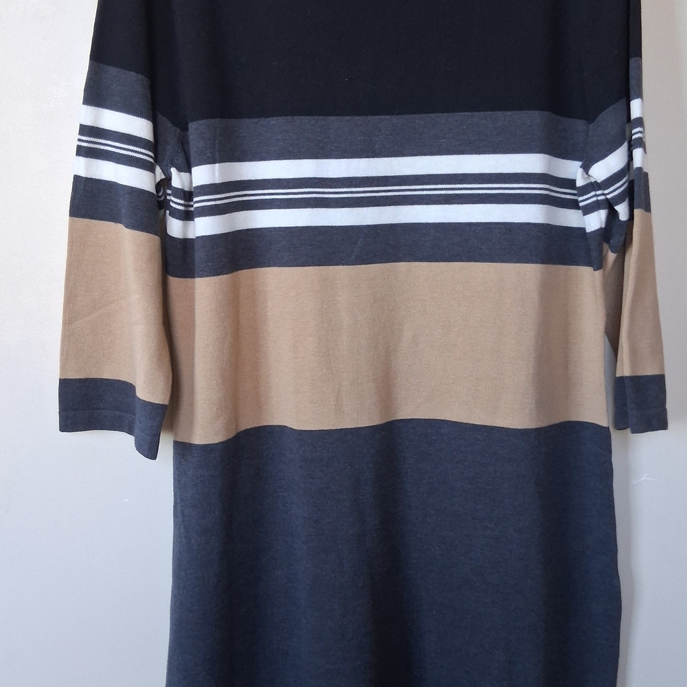 Calvin Klein Women long Sleeve Striped Knit Dress- Black, Gray, Tan